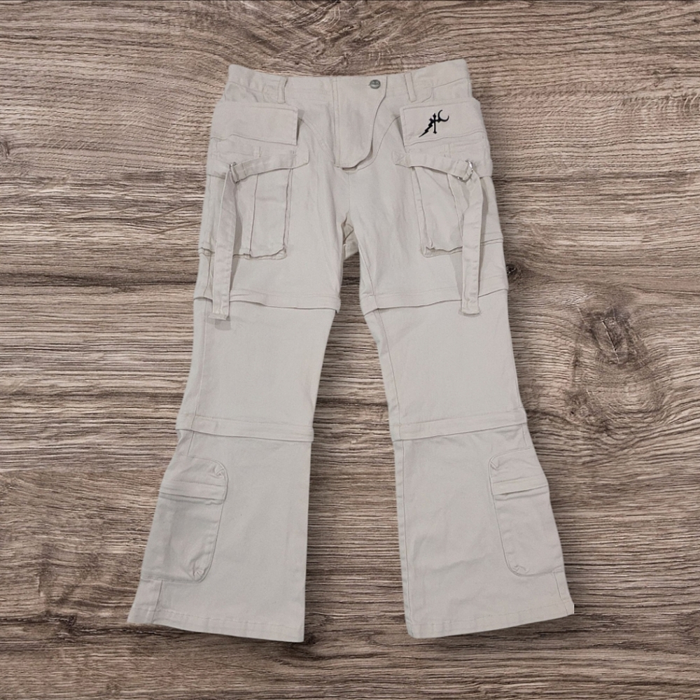 Eternal Artwear Men Cream Flare Ankle Cargo Pants Streetwear Zippers Nightcore S